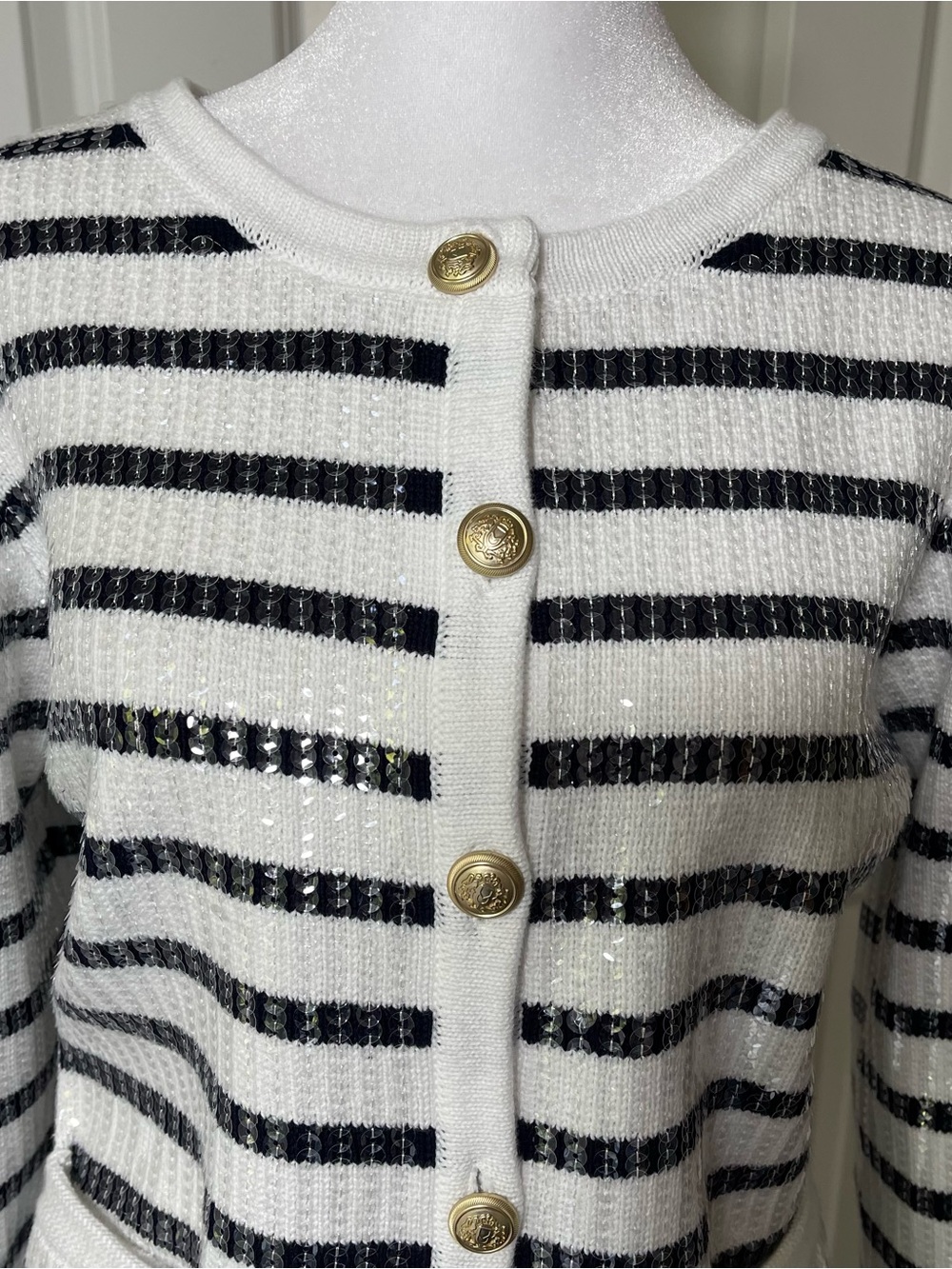 NWOT Boston Proper Navy & White Sequins Stripe Button Front Cardigan XL - Picture 4 of 16